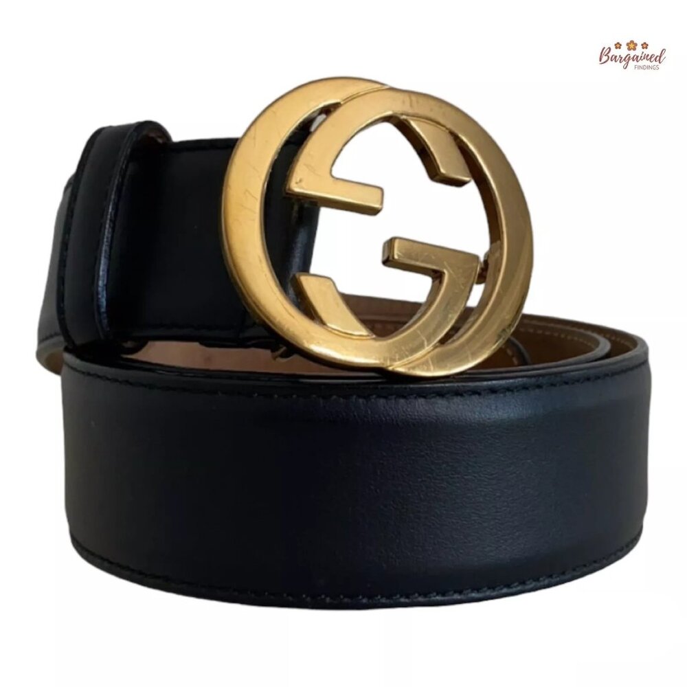 Authentic Gucci Black Calfskin Leather Gold Interlocking G Buckle Belt 80/32